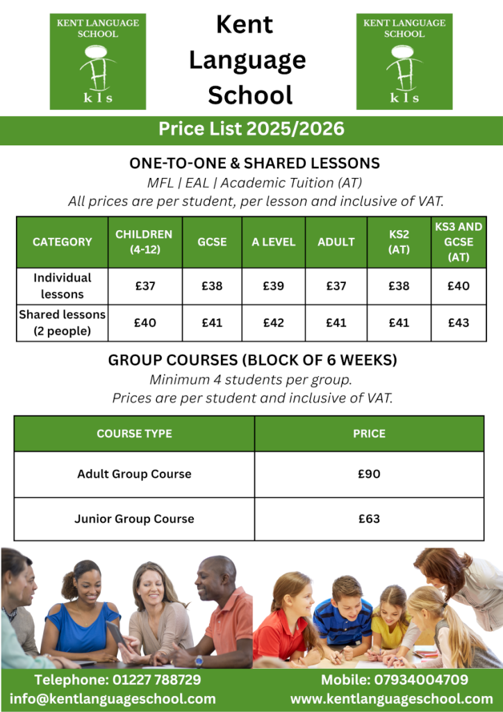 Kent Language School Price List 2025-26